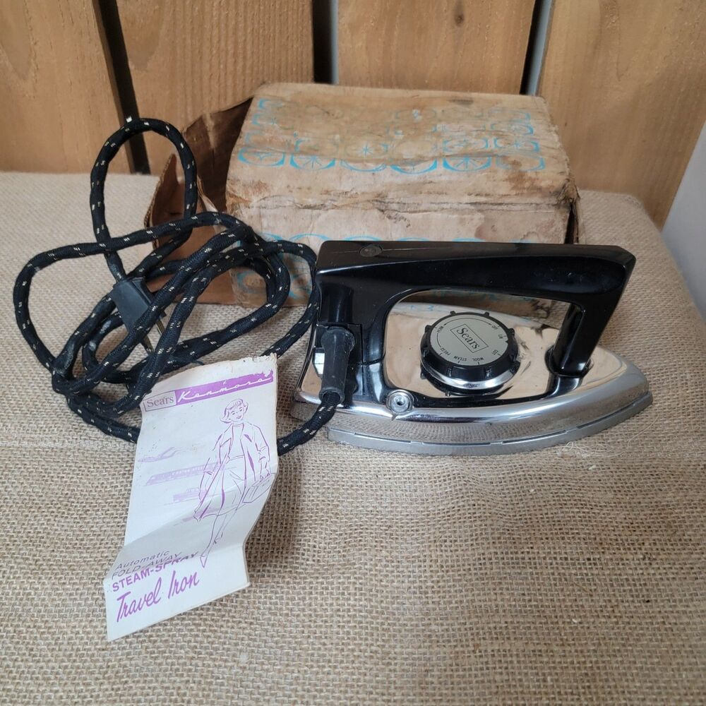 Vintage Kenmore Sears Fold-Away/ Steam Travel Iron W/ Original Cord In Box